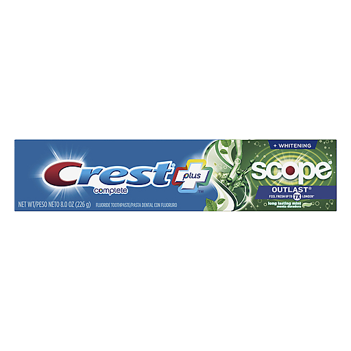 Crest Complete Plus Scope fluoride whitening toothpaste with long-lasting mint flavor, in a tube displayed on a white background.
