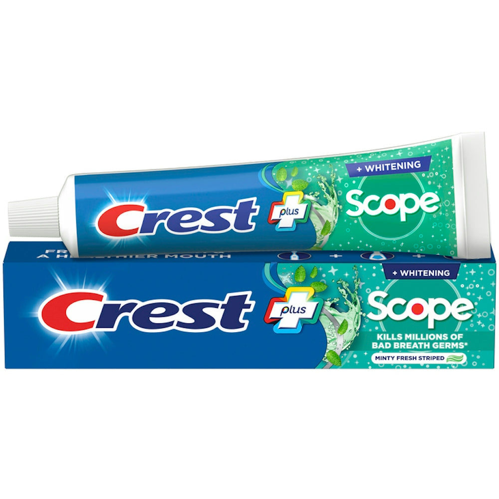 Crest Complete + Scope Whitening fluoride toothpaste in minty fresh striped flavor, 0.85 oz tube, by Pasteur Pharmacy.