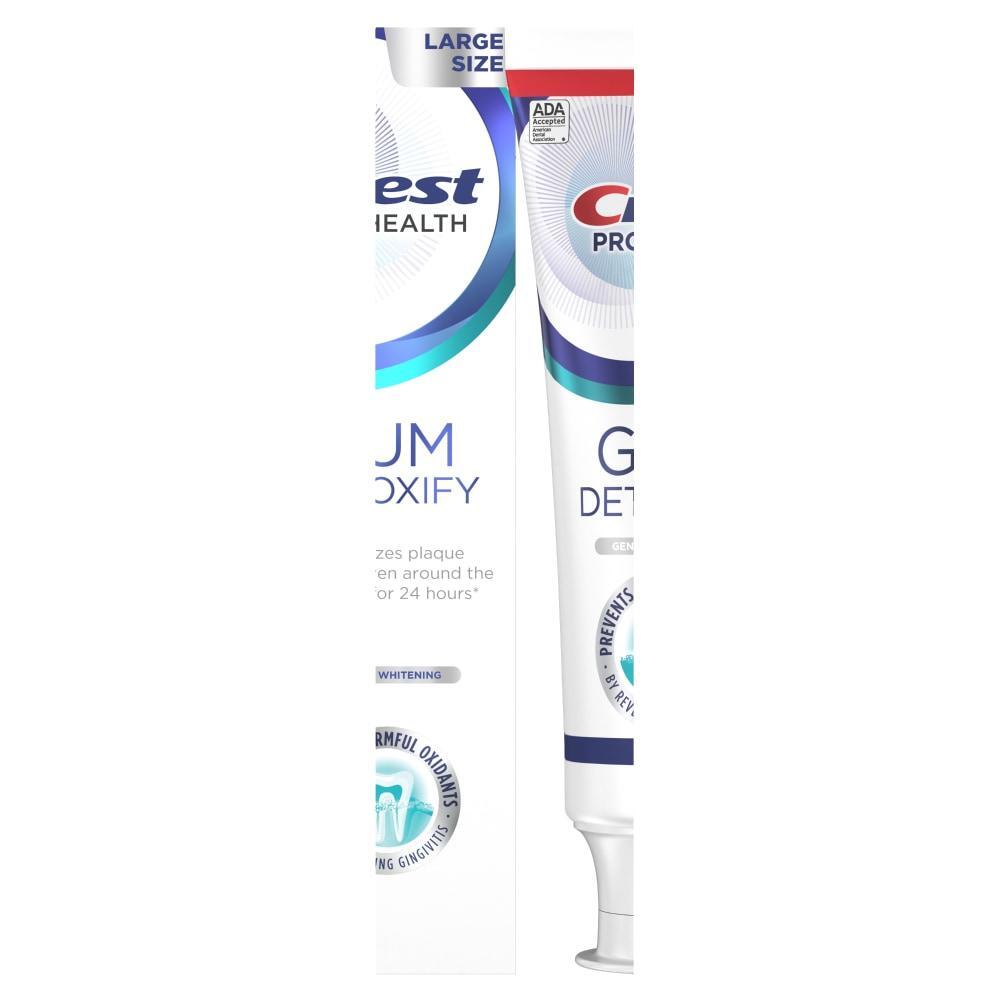 Crest Pro Health Gum Detoxify toothpaste with gentle whitening, featuring a tube of toothpaste from Pasteur Pharmacy.
