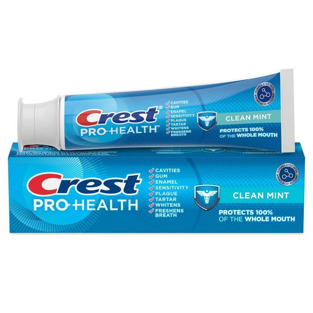 Crest Pro-Health Clean Mint toothpaste in a 4.3-ounce tube, featuring fresh mint flavor and dental health benefits.