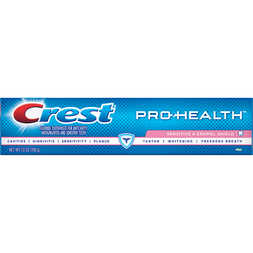 Crest Pro-Health Sensitive and Enamel Shield toothpaste tube showing the packaging and branding for sensitive teeth protection.