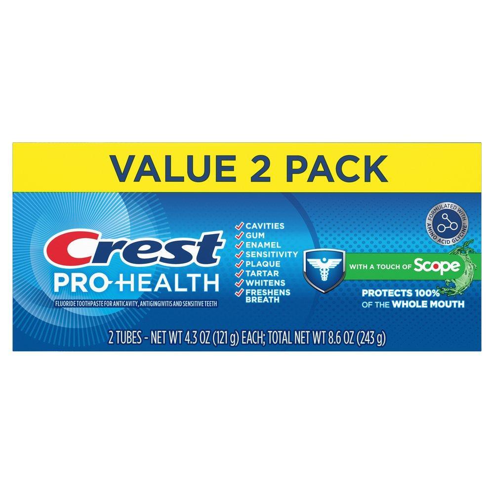 Crest Pro-Health toothpaste tube with Scope flavor, featuring white packaging and the Crest logo, displayed on a clean background.