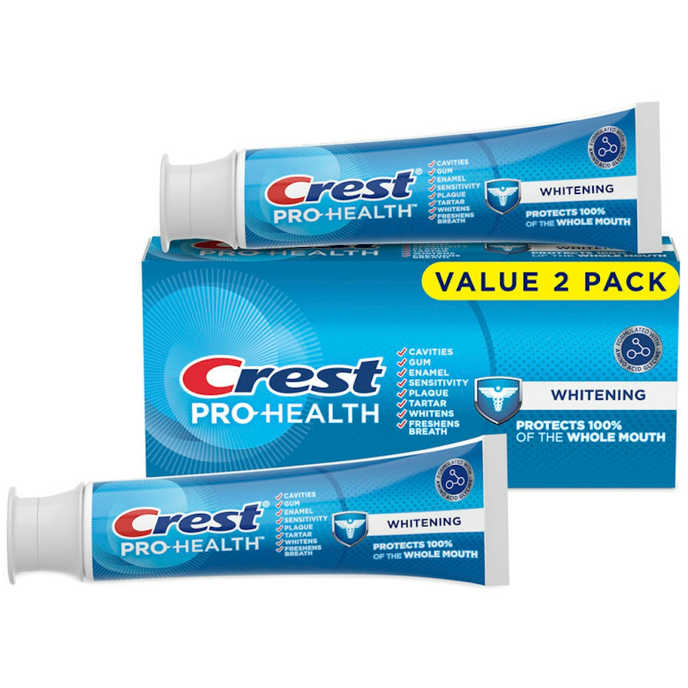 Crest Pro Health Whitening Gel Toothpaste twin pack, 4.3oz and 8.6oz, in white and blue packaging with toothpaste tubes.