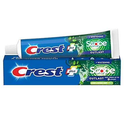 Crest Scope Whitening Mint Toothpaste in a 4 oz tube, featuring a bright mint flavor for fresh breath and whitening.