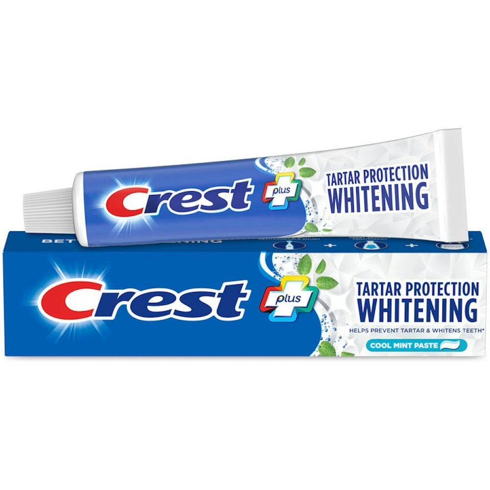 Crest Tartar Protection Whitening Fluoride Anticavity Cool Mint Toothpaste in a 5.7 oz tube with a white and blue packaging design
