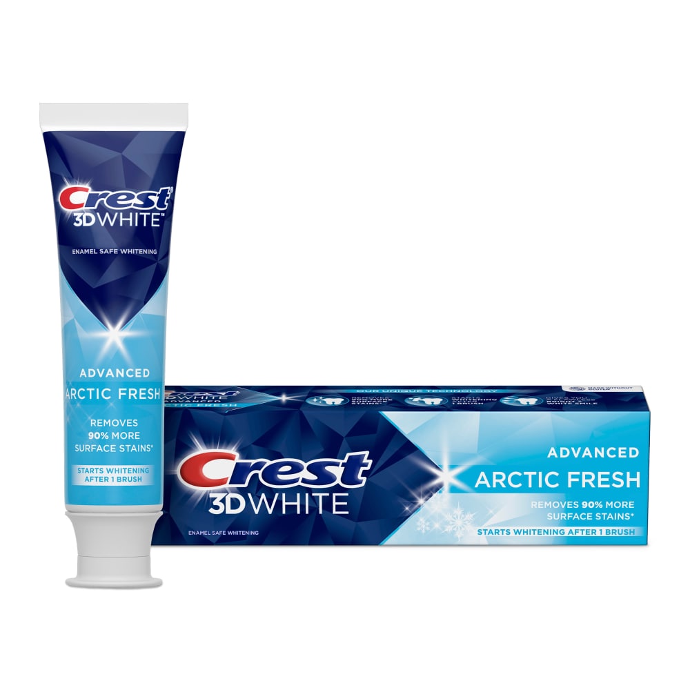 Crest fluoride anticavity toothpaste in Arctic Fresh flavor, displayed in a tube with a white and blue packaging design.