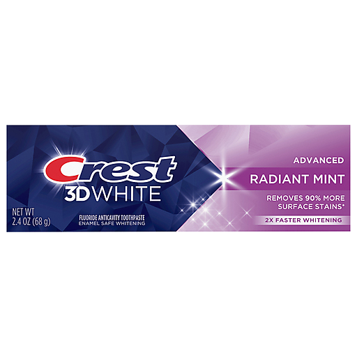 Crest Radiant Mint Toothpaste by Pasteur Pharmacy, 2.4 oz tube, showing mint-flavored toothpaste for fresh breath and clean teeth.
