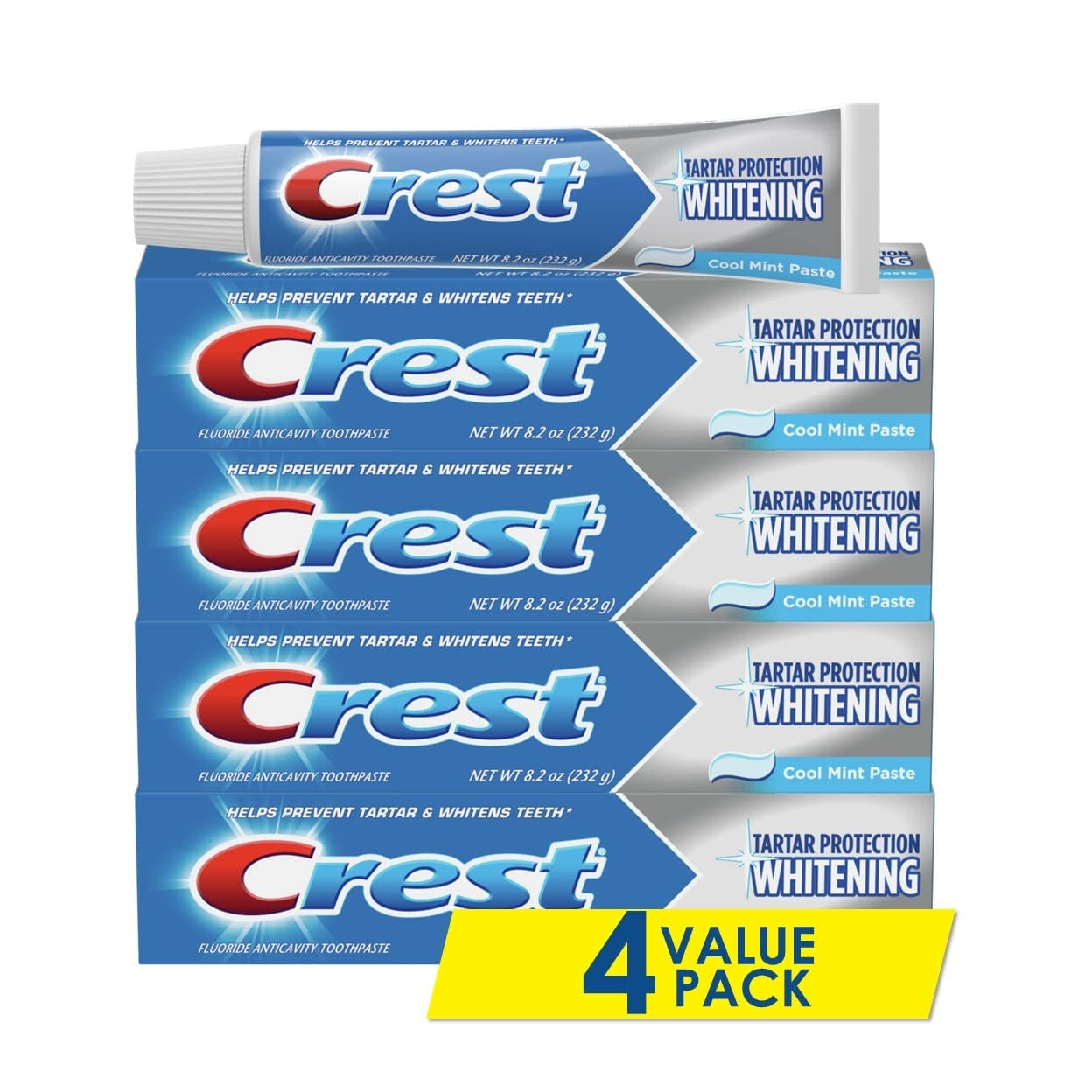 Crest Tartar Protection Whitening Cool Mint Toothpaste tube with a blue cap and mint flavor label.