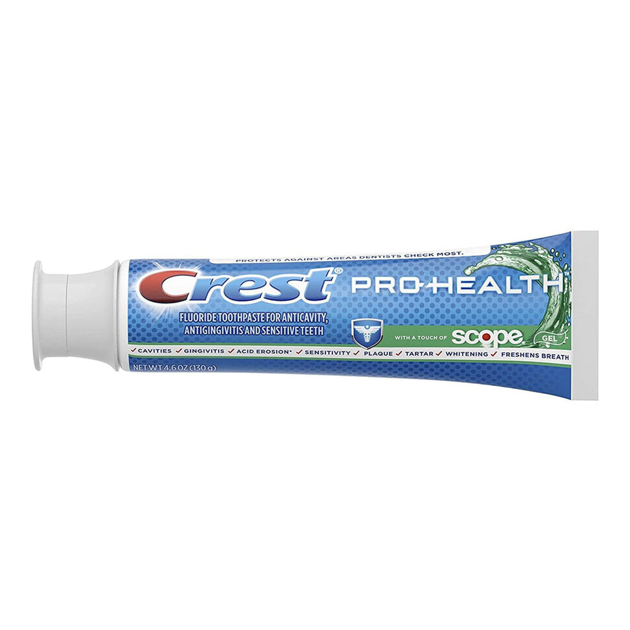 Crest Toothpaste with Scope Gel in 4.6 oz tube, whitening and freshening breath, displayed on a bathroom counter.
