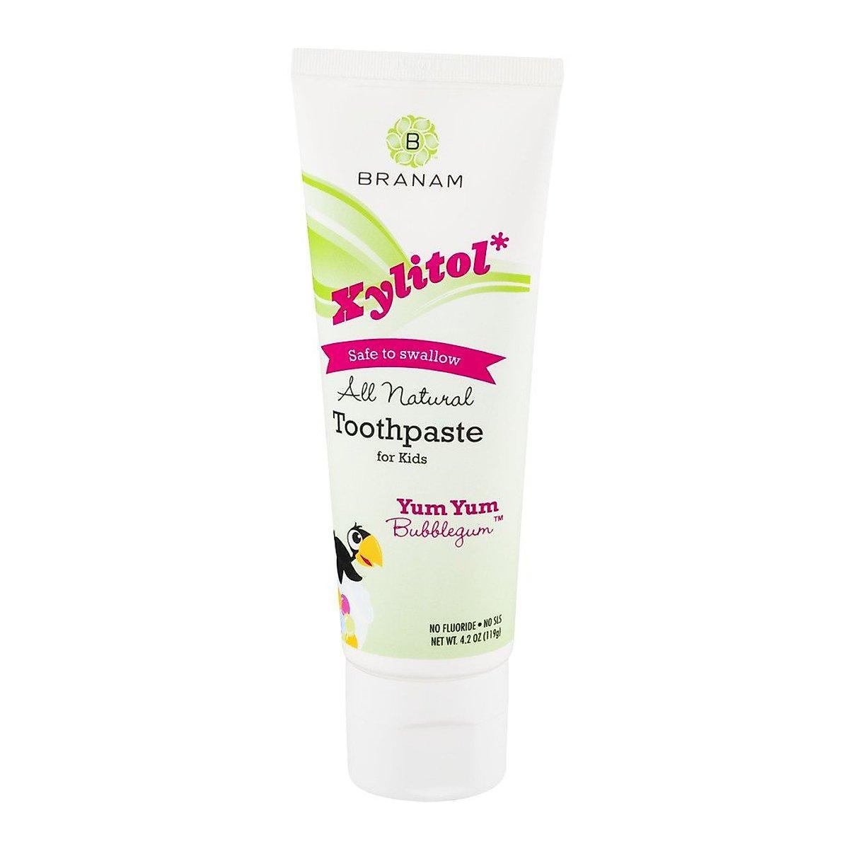 Dr. Branam's Xylitol natural toothpaste for kids with bubblegum flavor in a 4 oz tube, designed for children’s oral care.
