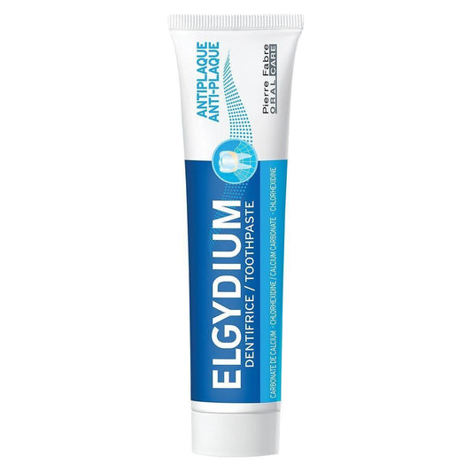 Elgydium Anti-Plaque Toothpaste in 75ml tube, displaying the toothpaste packaging with branding and product details