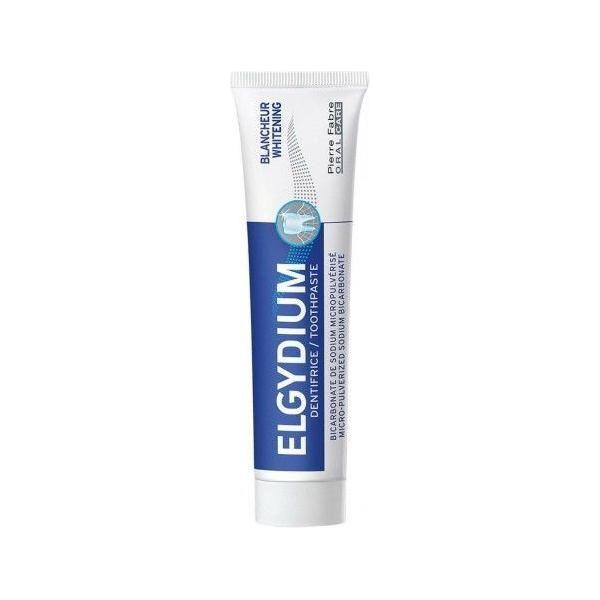 Elgydium Whitening Toothpaste by Pasteur Pharmacy, 75 ml tube, showing the toothpaste tube with branding and packaging details.