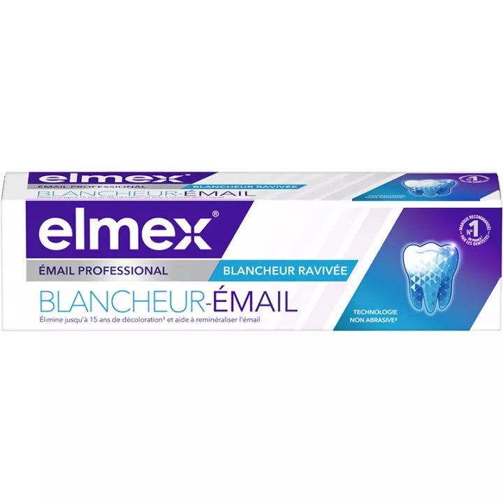 Elmex Enamel Professional Revived Whitening toothpaste in 75ml tube, designed to strengthen enamel and whiten teeth.