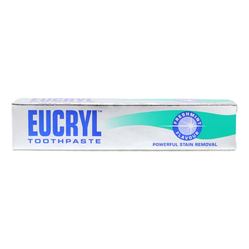 Eucryl Freshmint toothpaste in a 50ml tube from Pasteur Pharmacy, featuring a fresh mint flavor and bright packaging.
