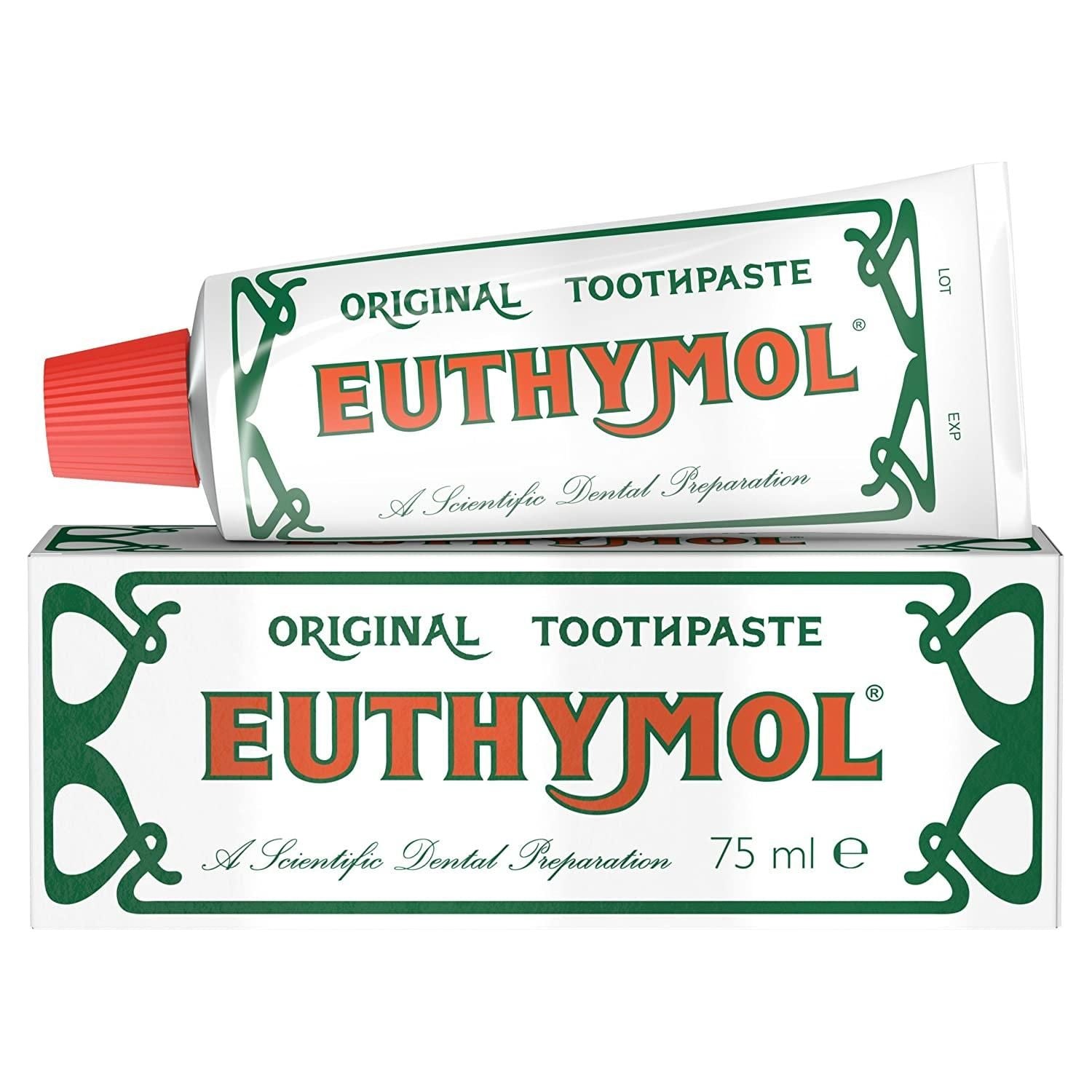 Euthymol Original Toothpaste in 75ml tube by Pasteur Pharmacy, featuring bright packaging and toothpaste tube with blue and red accents.