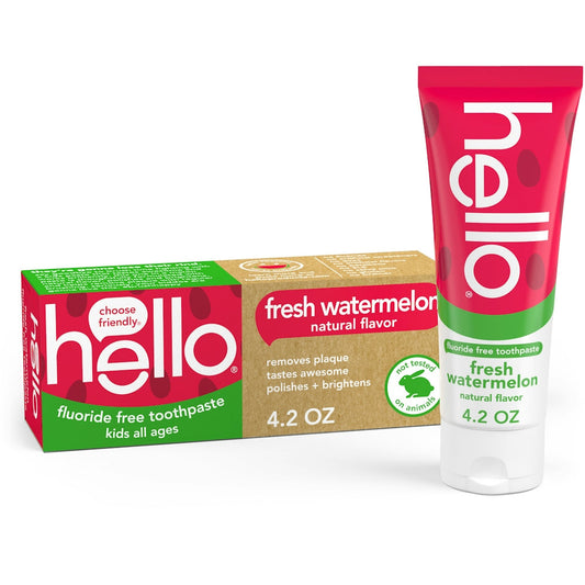 Hello Kids fluoride-free toothpaste by Pasteur Pharmacy with fresh watermelon flavor, shown in a tube on a white background.