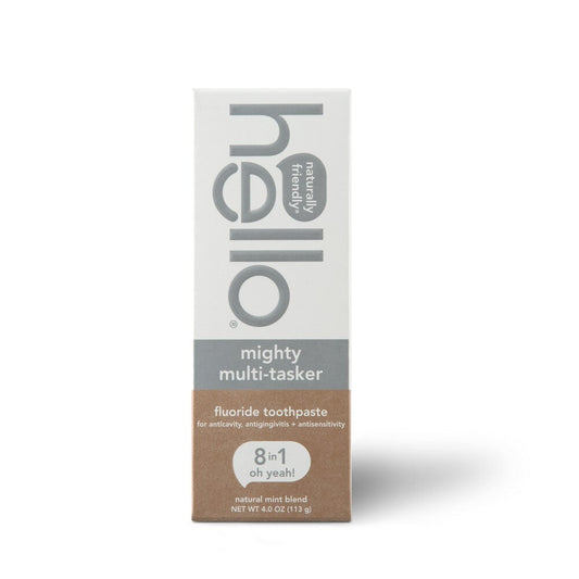 Hello Mighty Multitasker Fluoride Toothpaste by Pasteur Pharmacy in a 4 oz tube, with mint flavor, anticavity, whitening, and enamel strengthening.