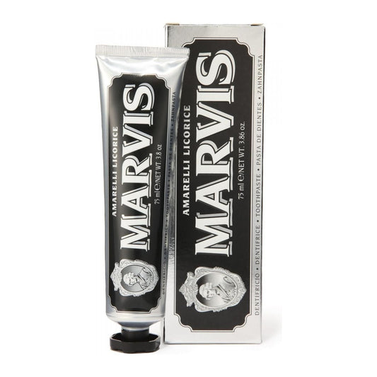 Marvis Amarelli Licorice Mint toothpaste in a 3.8 oz tube, featuring a distinctive packaging with licorice and mint flavor.