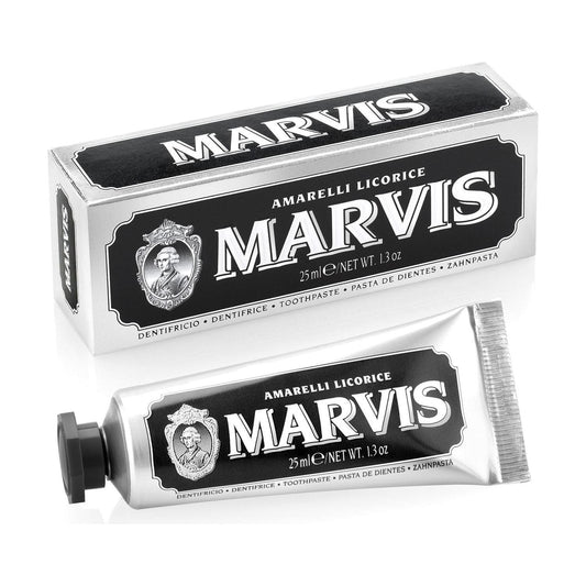 Marvis Amarelli Licorice travel size toothpaste in a 1.29 oz tube, from Pasteur Pharmacy, with black licorice flavor packaging.