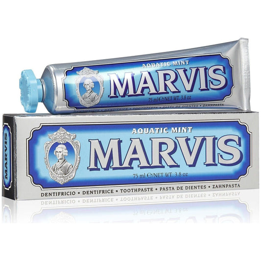 Marvis Aquatic Mint toothpaste in 3.8 oz tube, featuring fresh mint flavor and vibrant packaging.