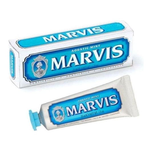 Marvis Aquatic Mint travel size toothpaste in 1.29 oz tube, featuring fresh mint flavor and distinctive packaging.