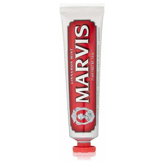 Marvis Cinnamon Mint toothpaste in 3.8 oz tube, featuring a white and silver packaging with cinnamon and mint flavor branding