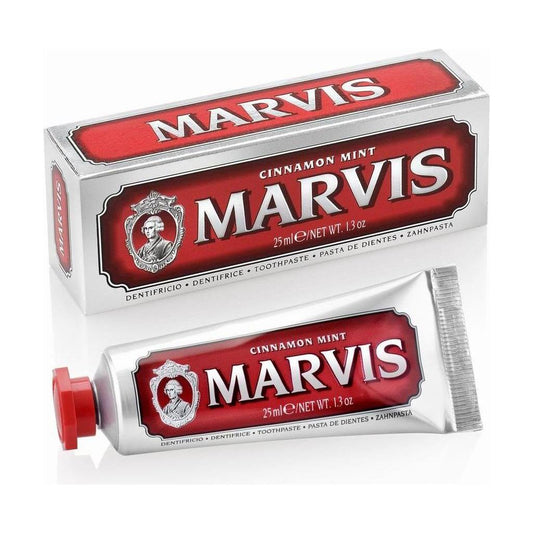 Marvis Cinnamon Mint travel size toothpaste in 1.29 oz tube, featuring natural cinnamon and mint flavor for fresh breath.