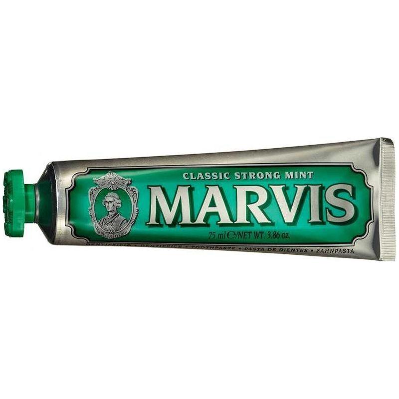 Marvis Classic Strong Mint toothpaste in 3.8 oz tube, refreshing mint flavor, displayed with packaging and branding.