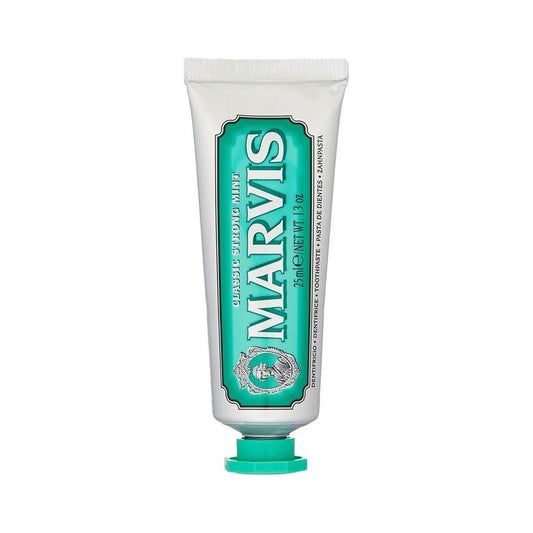 Marvis Classic Strong Mint Travel Size Toothpaste in 1.29 oz tube, featuring fresh mint flavor and bold whitening formula.