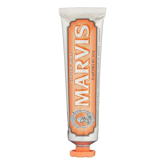 Marvis Ginger Mint toothpaste in 3.8oz tube, featuring fresh ginger and mint flavor for clean, refreshed teeth and breath.
