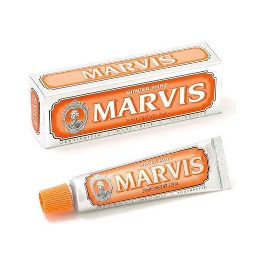 Marvis Ginger Mint travel size toothpaste in 1.29 oz tube, featuring a fresh ginger and mint flavor from Pasteur Pharmacy.