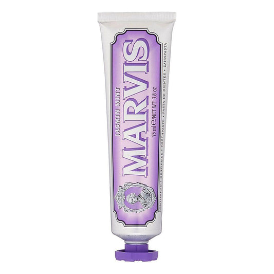 Marvis Jasmine Mint toothpaste in a 3.8 oz tube, featuring a sleek packaging with floral and mint design elements.