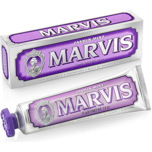 Marvis Jasmin Mint toothpaste in a 3.8 oz tube, featuring a fresh floral and mint flavor, from Pasteur Pharmacy.