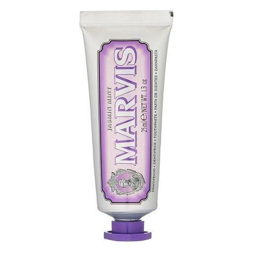 Marvis Jasmin Mint travel size toothpaste in 1.29 oz tube, featuring fresh jasmine and mint flavor for oral freshness and hygiene.