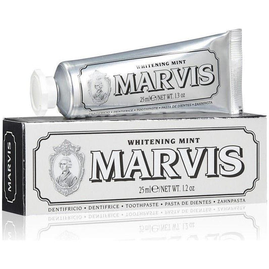 Marvis Whitening Mint Travel Size Toothpaste by Pasteur Pharmacy, 1.29 oz tube showing mint flavor and toothpaste packaging