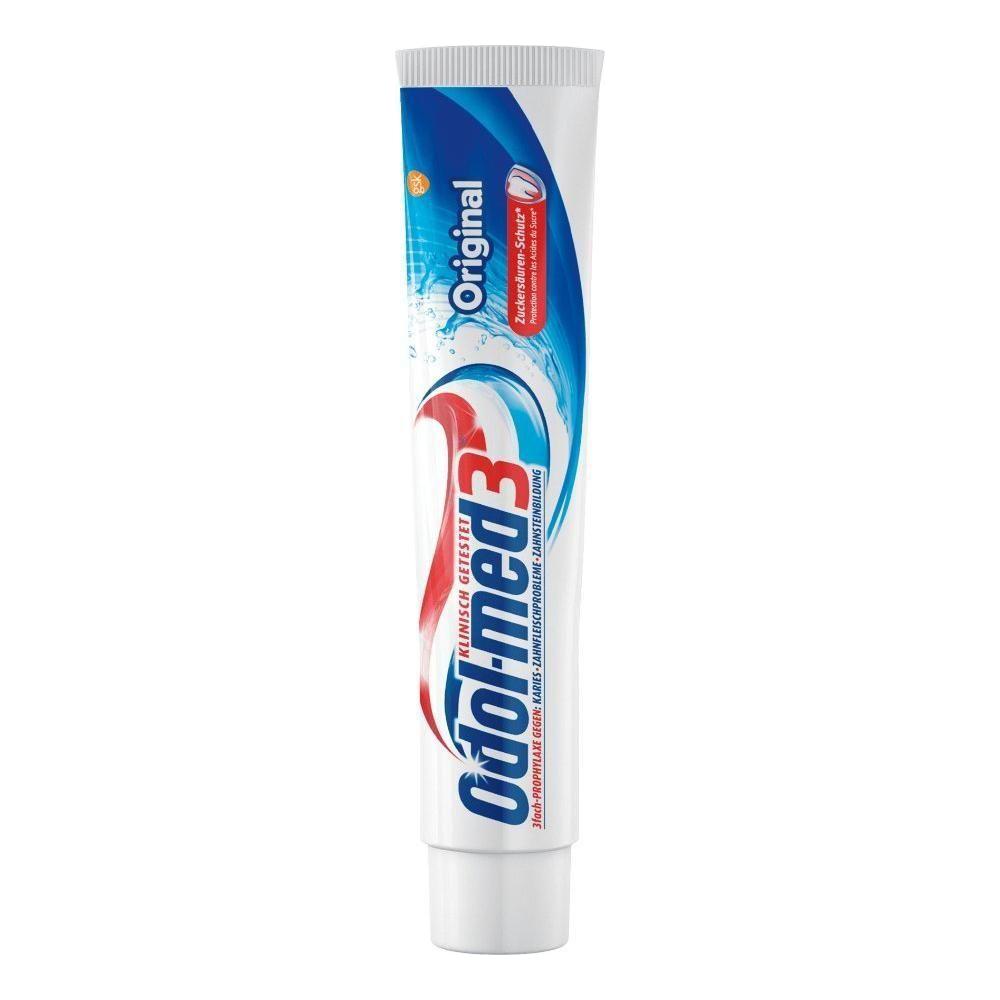 Odol-Med3 Original Toothpaste in 75ml tube, featuring whitening and cavity protection, displayed on a clean bathroom surface