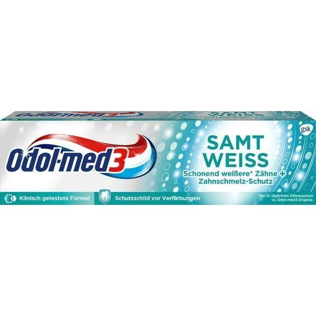 Odol-Med3 Samt Weiss toothpaste in 75ml tube, featuring smooth whitening formula from Pasteur Pharmacy.
