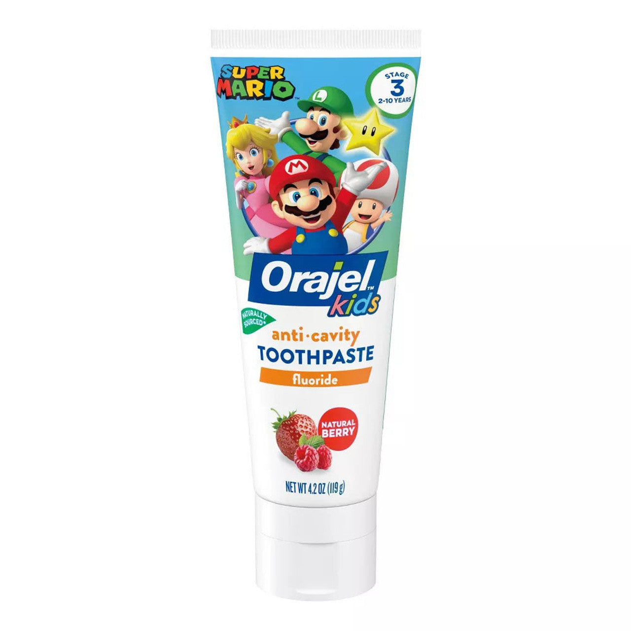 Kids' Orajel Super Mario fluoride toothpaste in a 4.2oz tube, featuring colorful Super Mario characters on the packaging.
