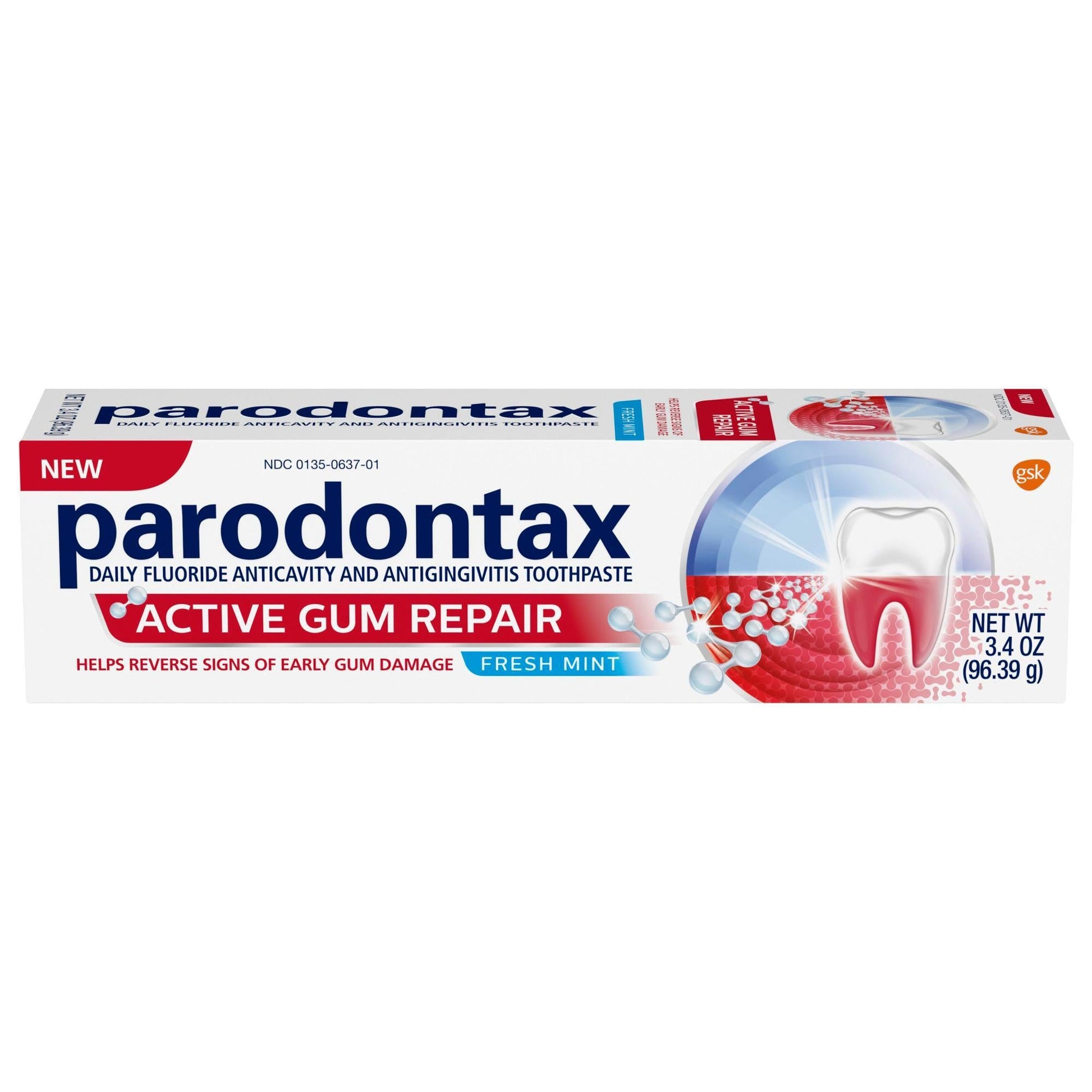 Parodontax Active Gum Repair toothpaste in fresh mint flavor, 3.4oz tube with a white and green packaging design.