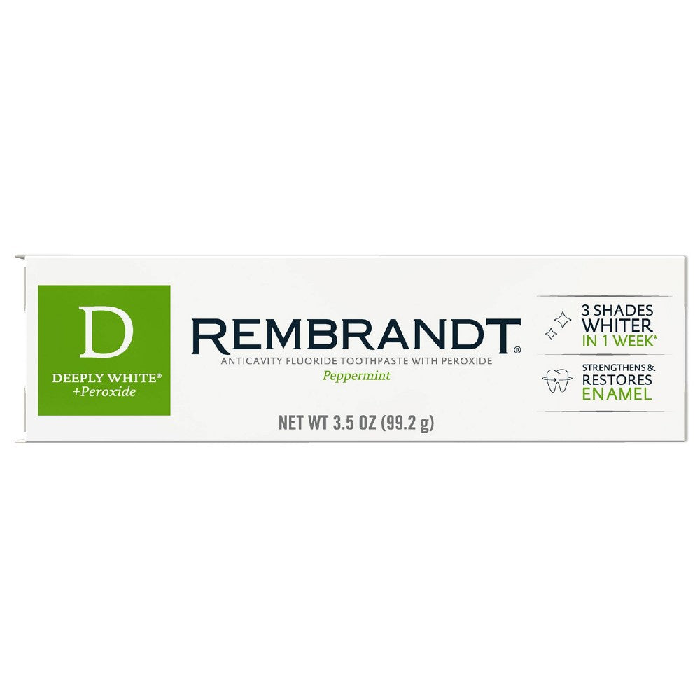 Rembrandt Deeply White & Peroxide Whitening Toothpaste in peppermint flavor, featuring a tube with white and blue packaging.