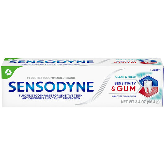 Sensodyne Clean & Fresh toothpaste for sensitivity and gum care, featuring a tube with mint flavor and bright packaging.