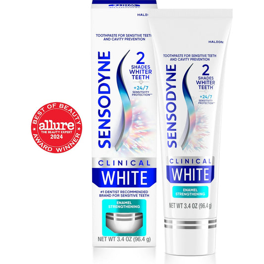 Sensodyne Clinical White enamel strengthening toothpaste in 3.4 oz tube, designed for sensitive teeth and enamel protection.