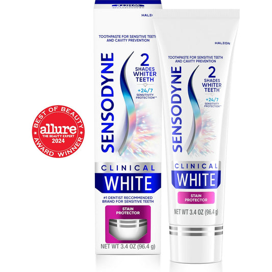 Sensodyne Clinical White Stain Protector toothpaste in 3.4oz tube, designed for sensitive teeth and stain protection.