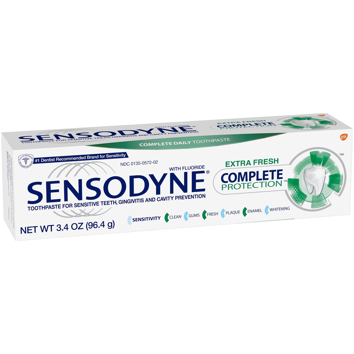 Sensodyne Complete Protection Extra Fresh toothpaste in 3.4 oz tube, designed for sensitive teeth and fresh breath.
