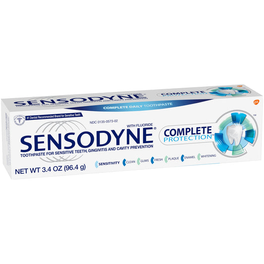 Sensodyne Complete Protection Sensitive Toothpaste with Mint, 3.4 oz, for adults, in a tube featuring the Pasteur Pharmacy branding
