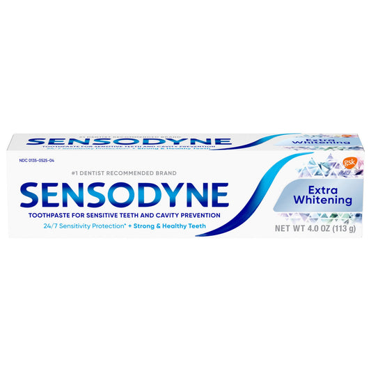 Sensodyne Extra Whitening toothpaste for sensitive teeth in 4 oz tube, designed to whiten and protect sensitive enamel.