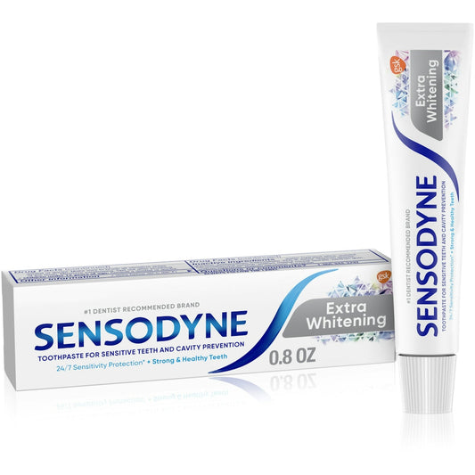 Travel-size Sensodyne Extra Whitening Sensitive Teeth toothpaste in a tube, designed for gentle whitening and sensitivity relief.