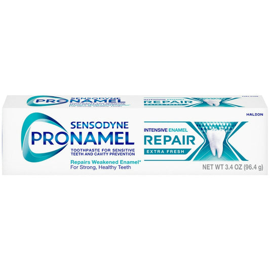 Sensodyne Intensive Enamel Repair Toothpaste for sensitive teeth with extra fresh flavor, showing the toothpaste tube with blue and white packaging.