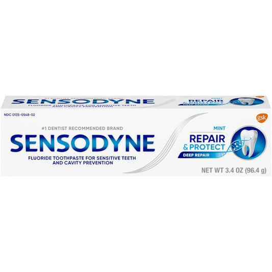 Sensodyne Mint Repair & Protect fluoride toothpaste for sensitive teeth and cavity prevention, 3.4 ounces, in a tube.