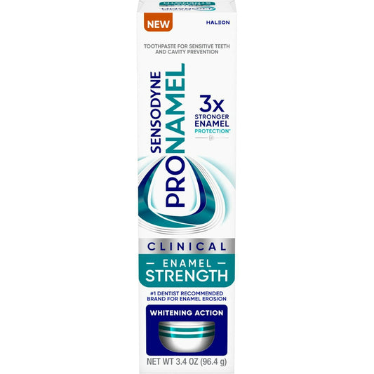 Sensodyne Pronamel Clinical White deep toothpaste tube showing enamel strengthening formula in 3.4oz size, designed for sensitive teeth.